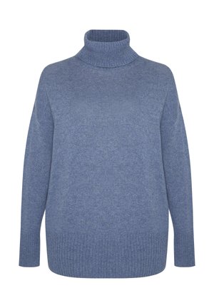 Maglione blu a collo alto lavorato a maglia, con maniche lunghe e polsini e orlo a costine, esposto su uno sfondo bianco.