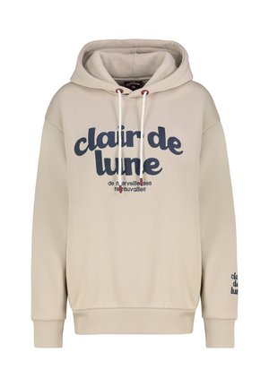 Beige Kapuzenpullover aus weichem Stoff mit dem Text "clair de lune" in Dunkelblau und Rot, mit einer Kängurutasche und Kordelzugkapuze.