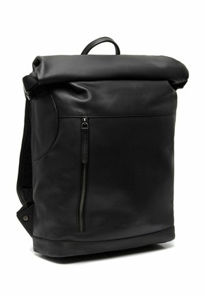 Black leather backpack with a roll-top closure, front zip pocket, textured finish, and adjustable straps; sleek and minimal design.