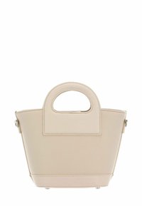 Sac à main en cuir beige avec une surface texturée, des anses supérieures arrondies et une forme structurée. Dispose d'une base plate et aucun matériel supplémentaire.