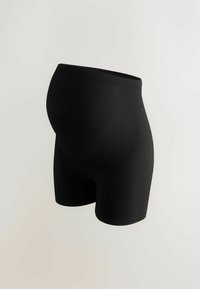 Sorte graviditetsshorts lavet af glat, strækbart stof. Har høj talje og ribbet elastikbånd for komfort og støtte.