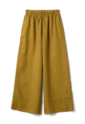 Senfgelbe Leinenhose mit weitem Bein, elastischem Bund und vorderer Kordel, ausgestattet mit Seitentaschen und breiten Säumen.