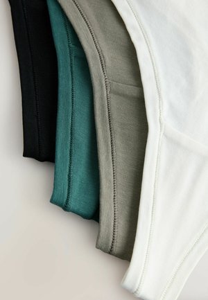 Štyri páry dámskeho bavlneného spodného prádla v čiernej, tyrkysovej, olivovo zelenej a bielej farbe, s rebrovanou textúrou a kontrastným prešívaním.