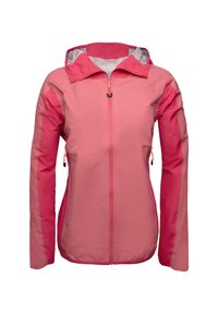 Giacca leggera rosa con cappuccio, dotata di due tasche laterali con zip e un tirante della zip arancione a contrasto. Tessuto liscio con una finitura opaca.