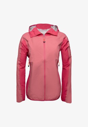 Leichte pinke Jacke mit Kapuze, ausgestattet mit zwei seitlichen Reißverschluss-Taschen und einem kontrastierenden orangefarbenen Reißverschluss-Zug. Glattes Gewebe mit matter Oberfläche.