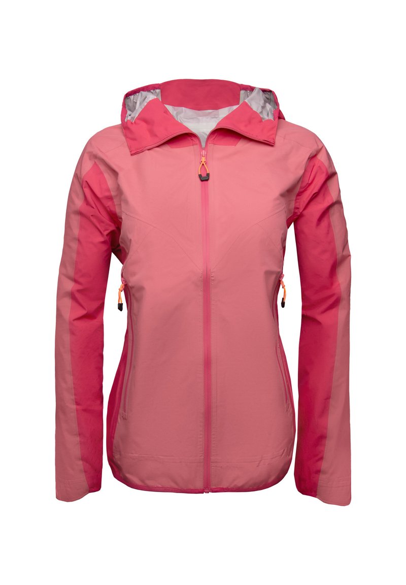Giacca leggera rosa con cappuccio, dotata di due tasche laterali con zip e un tirante della zip arancione a contrasto. Tessuto liscio con una finitura opaca.