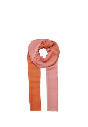Écharpe en tissu doux pliée en boucle avec un côté orange et l'autre côté rose, présentée sur un fond blanc.