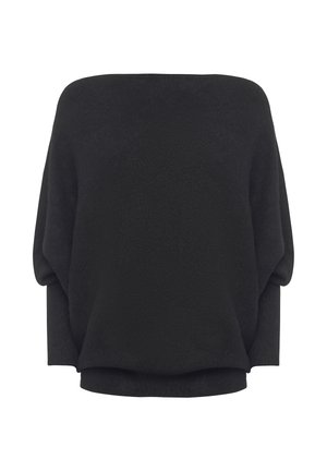 Top noir décolleté avec une coupe ample, fabriqué en tissu texturé. Dispose de poignets côtelés et d'un large col pour plus de confort.