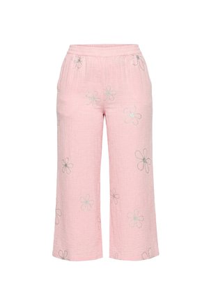 Vaaleanpunaiset leveälahkeiset housut, joissa on joustava vyötärö ja hienovarainen hopeinen kirjailukukkakuvio teksturoidussa kankaassa.