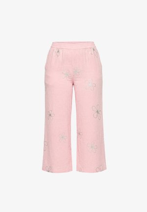 Lyserøde bukser med vide ben, elastisk talje og diskret sølvbroderet blomstermønster på tekstureret stof.