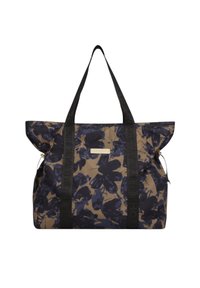 Duża torba tote w ciemnoniebieski wzór kwiatowy na beżowym tle, z czarnymi ramiączkami z logo, miękką teksturą i przestronnym designem.
