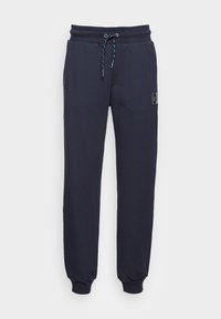 Marinblå sweatpants med elastisk midja, dragsko detaljer och sidofickor; samlade muddar; inkluderar en logotypapplikation på benet.