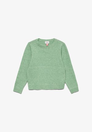Maglione lavorato a maglia verde chiaro con scollo rotondo, maniche lunghe e polsini a coste, caratterizzato da una texture morbida e da una vestibilità comoda.