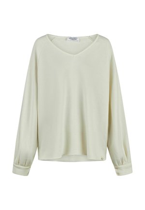Helles Cremefarbenes Langarm-Oberteil mit V-Ausschnitt, Raglanärmeln und geknöpften Manschetten. Weicher Griff und lockere Passform, mit subtilen Branding-Details.
