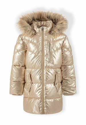 Kimalteleva beige toppatalvitakki, jossa on turkishupullinen huppu, vetoketju edessä, rintatasku vetoketjulla ja kaksi sivutaskua, joissa painonapit.