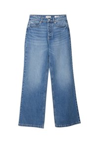 Jasnoniebieskie dżinsy z szerokimi nogawkami, wykonane z denimu, z przednimi kieszeniami, z zapięciem na guzik i prostym krojem, z delikatnym wyblaknięciem.