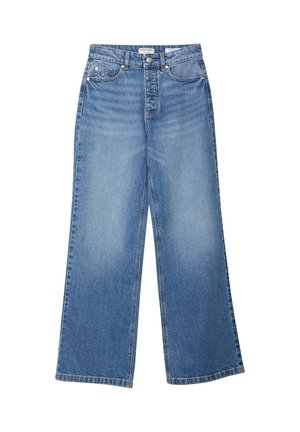 Vaqueros de pierna ancha azul claro hechos de denim, con bolsillos frontales, cierre de botón y un diseño recto con un desvanecimiento sutil.