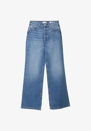Jasnoniebieskie dżinsy z szerokimi nogawkami, wykonane z denimu, z przednimi kieszeniami, z zapięciem na guzik i prostym krojem, z delikatnym wyblaknięciem.