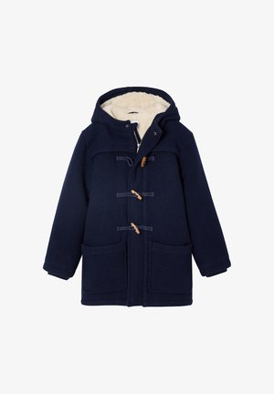Marineblauer Woll-Dufflecoat mit Kapuze, gefüttert mit cremefarbigem Kunstfell. Verfügt über Holzknopfverschlüsse und zwei Vordertaschen. Strukturierter Stoff.
