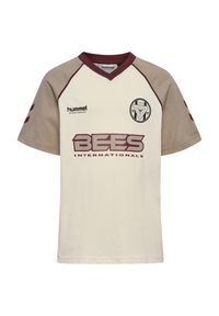 Crème en beige korte mouwen voetbalshirt met kastanjebruine accenten, voorzien van een ronde halslijn, logo op de borst en vetgedrukte tekst "BEES INTERNATIONALS".
