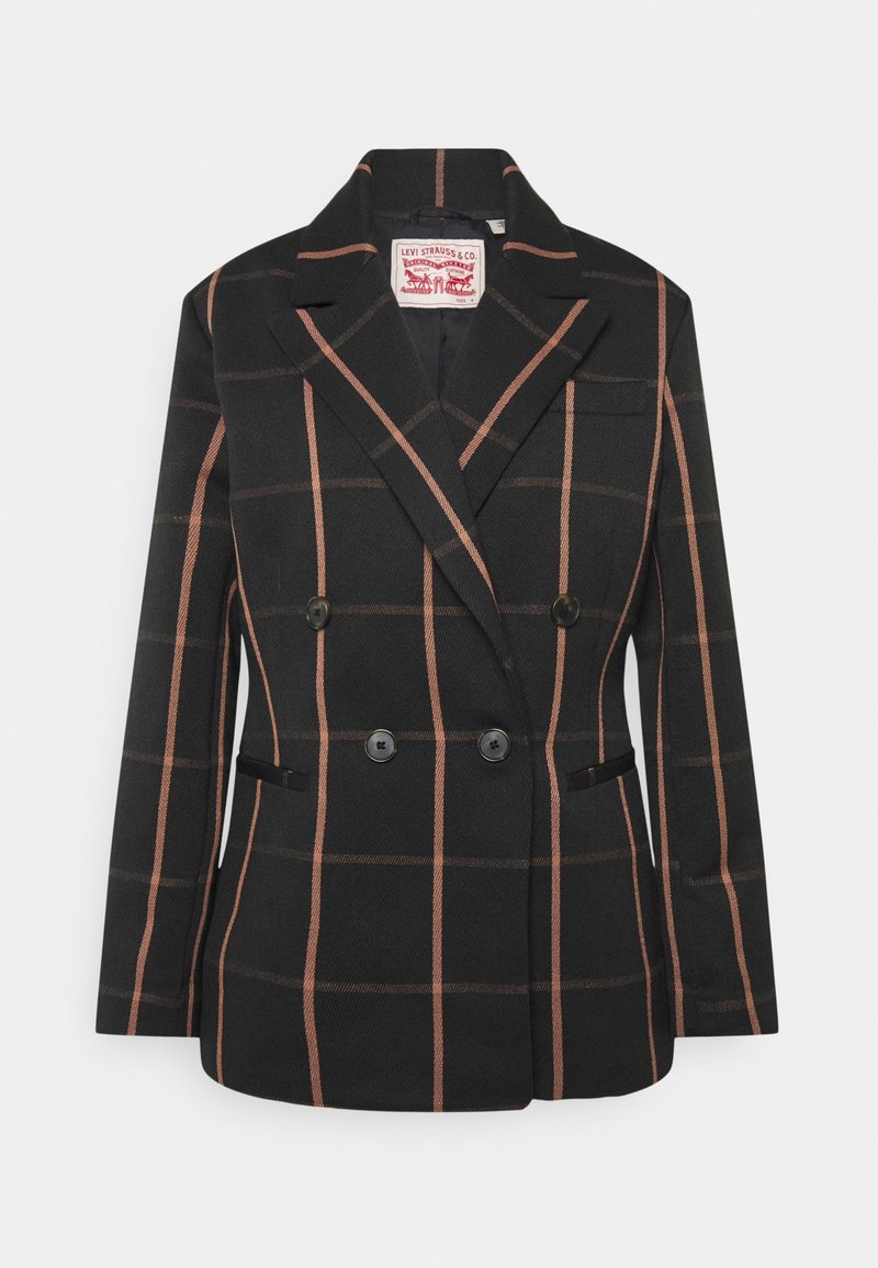 Blazer noir croisé à motif à carreaux marron, avec revers crantés et quatre boutons sur le devant.