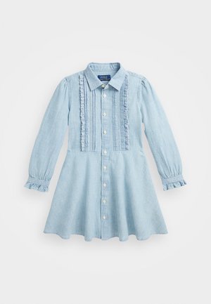 RUFFLED COTTON CHAMBRAY DRESS - Košilové šaty - new medium wash
