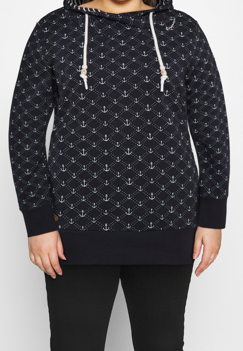 Sweat à capuche bleu marine avec un motif d'ancre blanche, capuche à cordon de serrage, poignets et ourlet côtelés. Tissu doux avec une coupe décontractée.