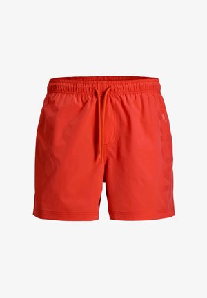 Helle, rote Herren-Badeshorts mit elastischem Bund und vorderer Kordel, versehen mit dezentem seitlichem Markenlogo.