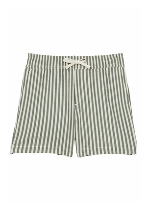 Rohelised ja valged vertikaalsed triibulised lühikesed püksid elastse vöökoha ja valge nööriga, mis on ees kaaruks seotud.