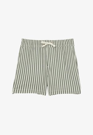 Rohelised ja valged vertikaalsed triibulised lühikesed püksid elastse vöökoha ja valge nööriga, mis on ees kaaruks seotud.