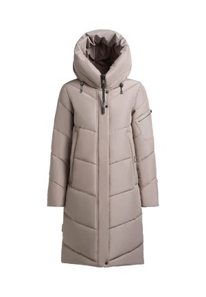 Beige gepolsterter Mantel mit Kapuze im Kokon-Stil, sichtbarem Steppmuster, Reißverschlusstaschen und geradem Schnitt. Verfügt über metallene Hardware-Akzente.