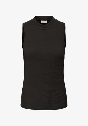 Zwarte, mouwloze top met een hoge hals, gemaakt van een gestructureerde stof. Eenvoudig ontwerp, getailleerde pasvorm en zonder zichtbare hardware of accenten.