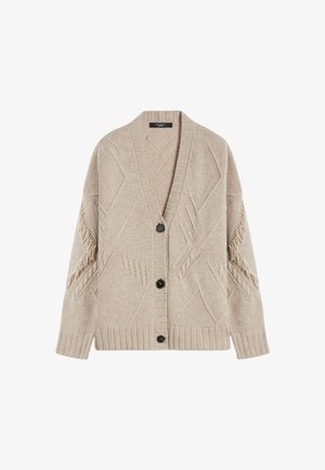 Cardigan lavorato a maglia beige con scollo a V, caratterizzato da un motivo testurizzato, maniche lunghe e bottoni scuri. Polsini e orlo a coste.