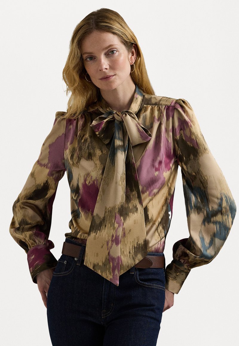 Lauren Ralph Lauren FLORAL SATIN CHARMEUSE TIE NECK BLOUSE - Button-down blouse - tan multi