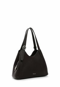 Dark brown leather handbag with a rounded silhouette, featuring two shoulder straps and a silver hardware accent. Zipper closure on one side.