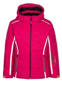 Giacca isolante fucsia dotata di cappuccio, fodera nera, strisce bianche e tasche laterali con cerniera con accenti arancioni.