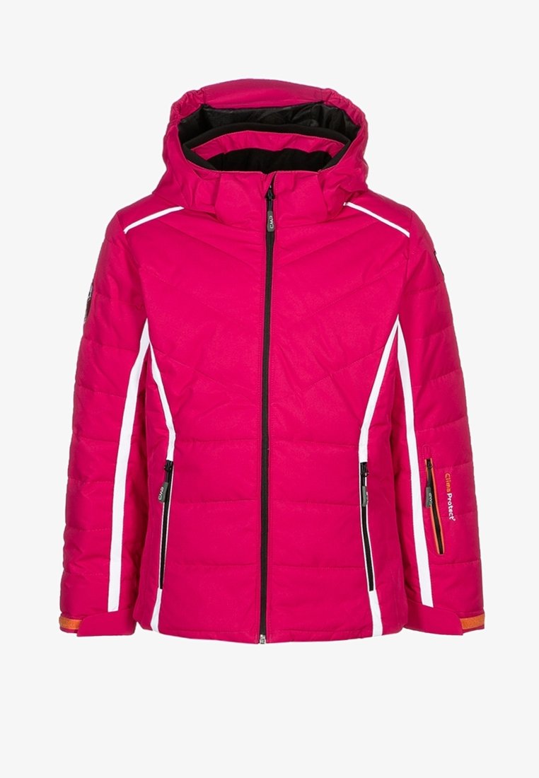 Giacca isolante fucsia dotata di cappuccio, fodera nera, strisce bianche e tasche laterali con cerniera con accenti arancioni.