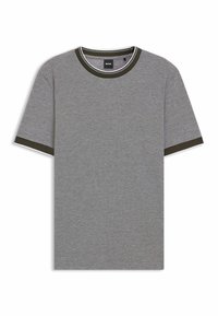 Gray t-shirt with short sleeves, featuring a contrasting dark green ribbed collar and sleeve edges. Subtle brand logo on the chest.