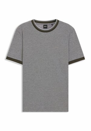 Gray t-shirt with short sleeves, featuring a contrasting dark green ribbed collar and sleeve edges. Subtle brand logo on the chest.