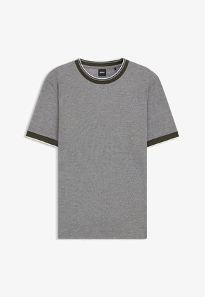 Gray t-shirt with short sleeves, featuring a contrasting dark green ribbed collar and sleeve edges. Subtle brand logo on the chest.