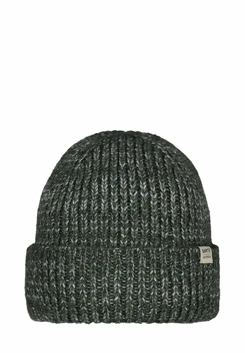 Beanie lavorato a maglia di colore verde scuro e grigio con risvolto e una piccola etichetta rettangolare del marchio sul lato.