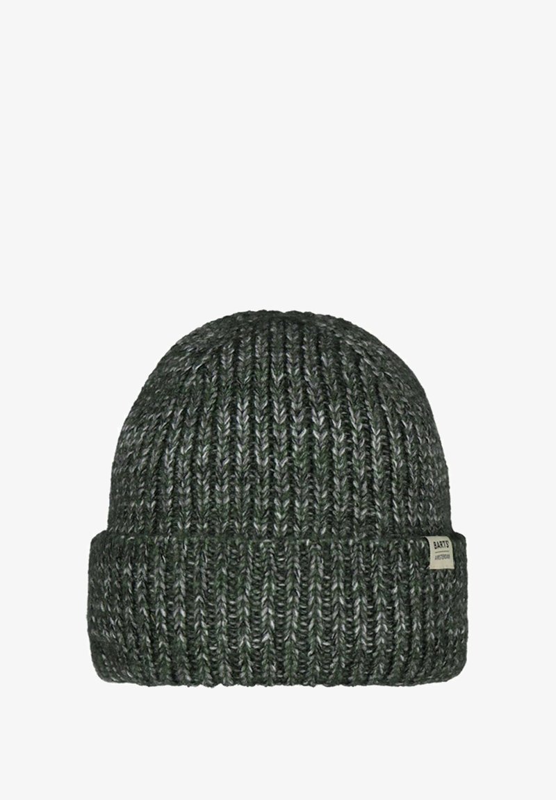 Dark green and gray knitted beanie with a folded brim and a small rectangular brand label on the side.