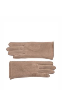 Braune Stoffhandschuhe mit glatter Textur, die eine enge Passform und verlängerte Finger bieten, entworfen für Wärme und Komfort.