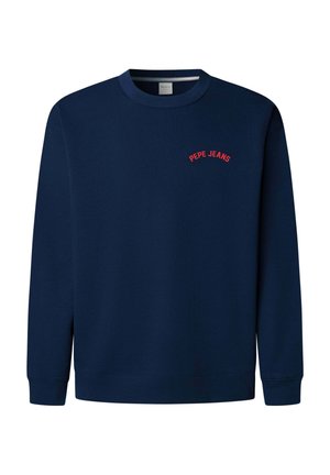 Tmavě modrá bavlněná mikina s dlouhými rukávy, žebrovaným kulatým výstřihem a červeným vyšívaným logem "PEPE JEANS" na hrudi. Jednoduchý design, bez vzorů.