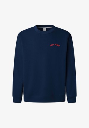 Mornarsko plava pamučna majica s dugim rukavima, rebrastim ovratnikom i crvenim logotipom "PEPE JEANS" izvezenim na prsima. Jednostavan dizajn, bez uzoraka.