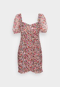 Robe mini à motif floral avec un design ajusté et froncé, des manches courtes bouffantes et un décolleté carré. Les matériaux semblent légers et texturés.