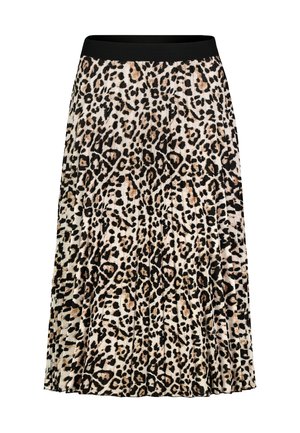 Leopard print pleated skirt with a black elastic waistband; features a light beige background with dark brown and black spots.