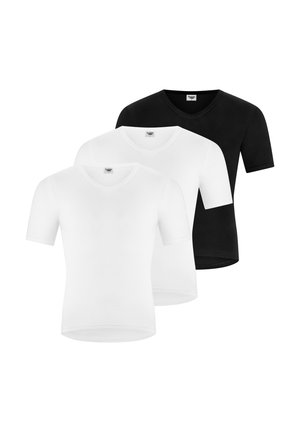 Drie effen T-shirts met V-hals en korte mouwen, twee witte vooraan en één zwarte achteraan, weergegeven op een witte achtergrond.