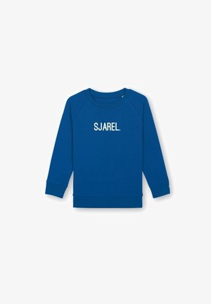 Sudadera azul con puños y cuello acanalados, con el texto "SJAREL." en blanco en la parte frontal. Textura suave y uniforme.
