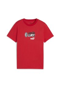 Červené bavlnené tričko s potlačou "Forza Milan", logom AC Milan a logom Puma v čierno-bielej farbe na hrudi. Krátke rukávy, okrúhly výstrih.